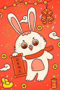 新年大吉插画图片_兔年大吉喜庆迎新年金币元宝新年快乐放鞭炮