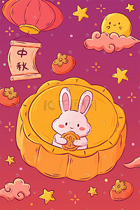 赏月吃月饼插画图片_中国传统节日中秋节玉兔赏月吃月饼温馨团圆