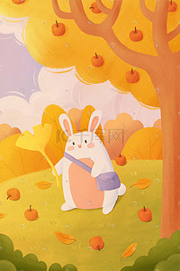 苹果唯美插画图片_唯美治愈秋天户外兔子秋游落叶苹果成熟风景