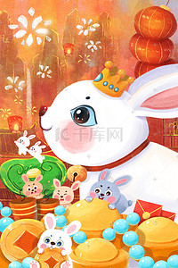 珠宝项链插画图片_兔年兔子新年春节肌理油画风格