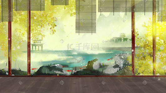 主题教育庭院展板插画图片_中国风手绘古风庭院场景