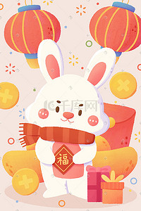 过新年插画图片_2023兔年春节过新年元宝挂灯笼喜庆迎新