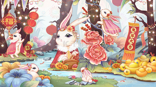 插画图片_2023新年兔年森林兔子欢喜聚会迎新春