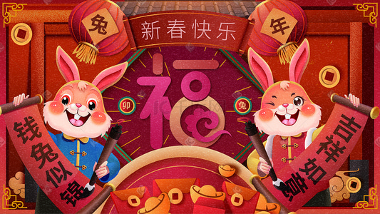 剪纸窗花猴插画图片_2023中国风兔年剪纸海报
