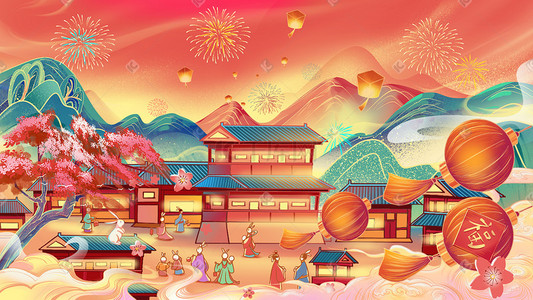 财务年中插画图片_国潮中国风兔子兔年新年建筑场景