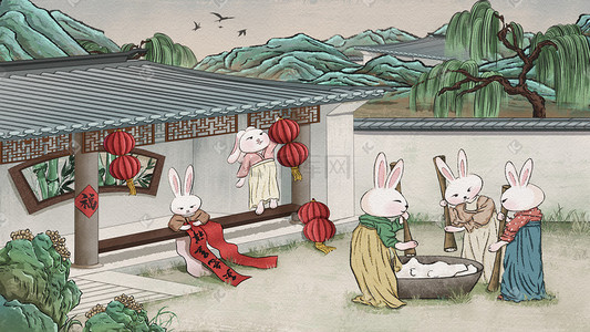 卯兔年插画图片_2023癸卯兔年古风兔子过年