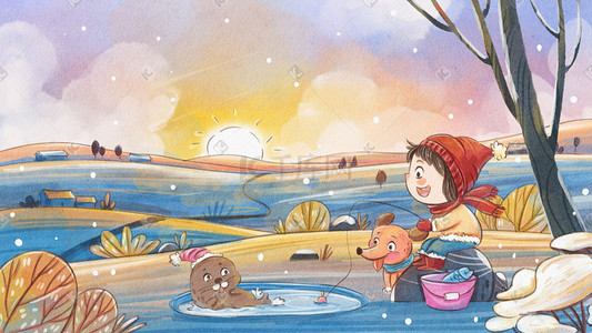 海豹插画图片_小雪节气冬天冬季女孩钓鱼可爱治愈系场景