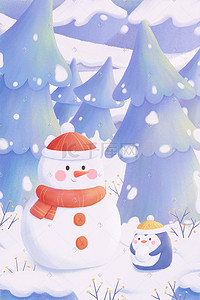 围巾插画图片_清新治愈唯美冬季雪地松树雪人企鹅植物风景