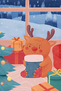 寒冷冬天圣诞节西方传统节日麋鹿圣诞树
