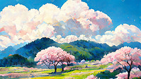 自然风景山峰樱花树唯美蓝天白云春天背景