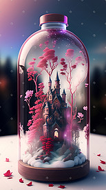 梦幻创意浪漫瓶子里的城堡玫瑰数字艺术插画