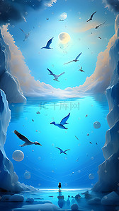 0到9数字插画图片_梦幻唯美蓝色海洋飞鸟游戏场景数字艺术插画