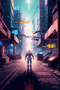 霓虹灯字体背景插画图片_赛博朋克未来城市机器人幻想世界