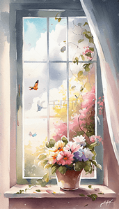 竖版水彩插画春日窗边花朵