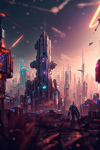 科幻未来插画图片_赛博朋克未来城市机器人幻想世界