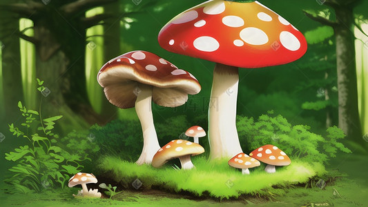 蘑菇插画图片_蘑菇森林大树草地景色唯美
