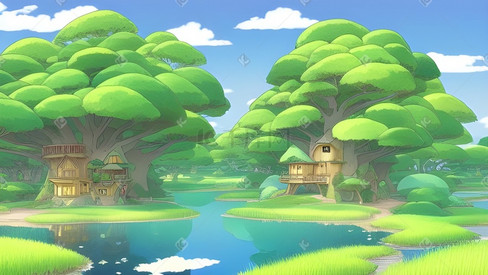 童话可爱卡通树屋房子蓝天