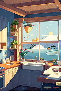 厨房水龙头插画图片_室内设计厨房扁平风格卡通场景