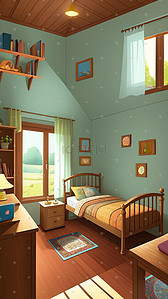 房间模型插画图片_温馨卧室房间室内设计场景