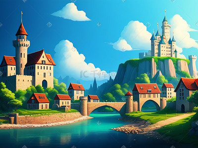 儿童风格风格插画图片_儿童卡通城堡建筑童话风格