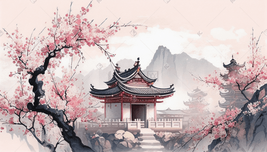 中式招牌插画图片_水彩风中式园林建筑樱花插画风景
