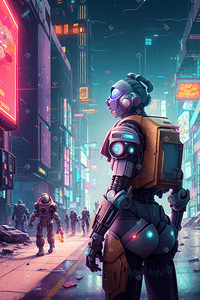 幻想插画图片_赛博朋克未来城市机器人幻想世界