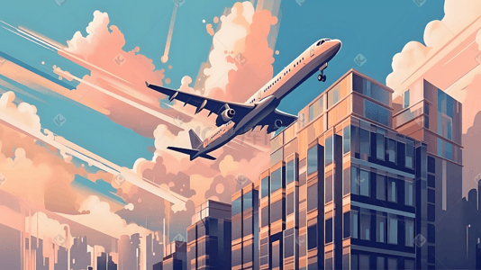 飞机跑道插画图片_飞机天空城市现代科技插画