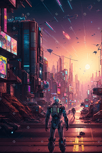 科幻未来插画图片_赛博朋克未来城市机器人幻想世界