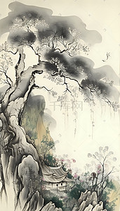 山水岩石古风唯美浪漫工笔画中国画