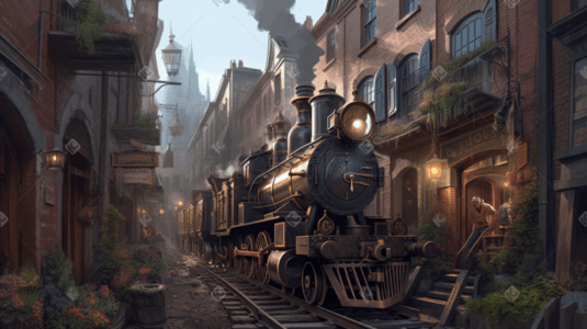 欧美黑金插画图片_欧美风城市中的列车