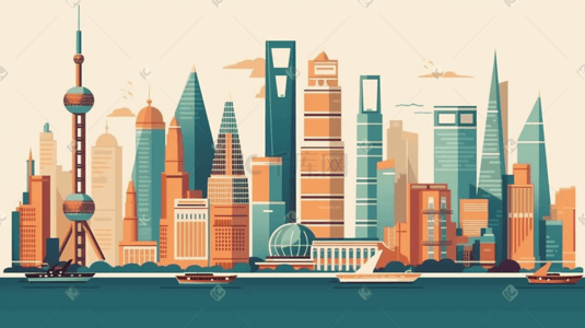 相约上海插画图片_扁平风城市建筑上海地标风景