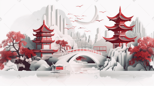 剪纸风插画图片_中国风古典建筑国潮剪纸风风景