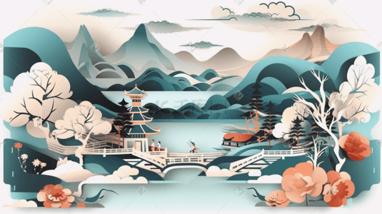 剪纸风插画图片_中国风国潮剪纸风风景