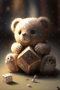 骰子png插画图片_在一个破碎的骰子里放着一只破碎的泰迪熊
