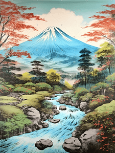 彩色富士山手绘浮世绘背景
