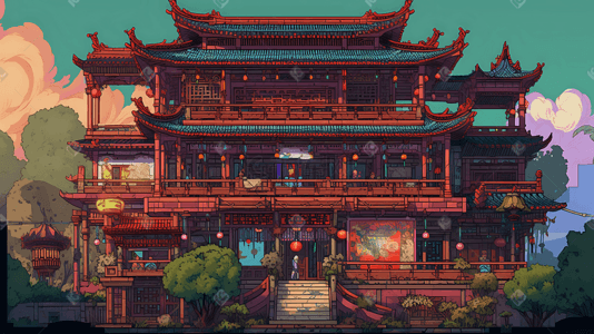 古楼护栏插画图片_古楼像素风格卡通场景