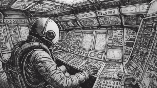 黑白手绘插画图片_手绘风格航空航天宇航员在操纵室