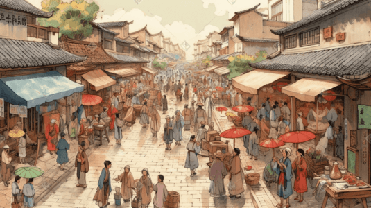 怀旧街景插画图片_彩色中国风古典清明上河图街景