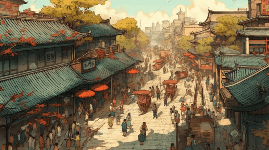 古典烫金边框插画图片_彩色中国风古典清明上河图街景