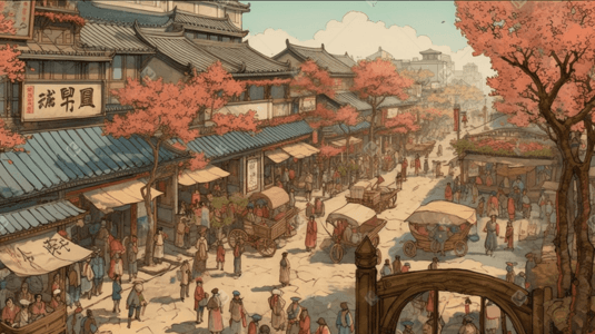 怀旧街景插画图片_彩色中国风古典清明上河图街景