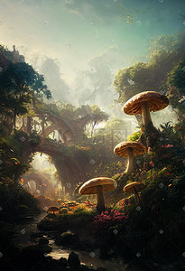 浮萍生长插画图片_森林中生长的巨型蘑菇