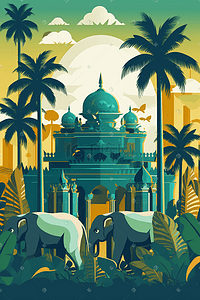 扁平风泰国建筑大象插画