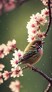 春天的花朵盛开绿树如荫一只小雀在树枝