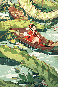 竹插画图片_女孩在湖上竹林中划船场景