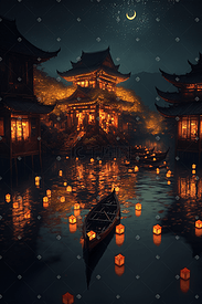 游戏场景水面小船建筑古风中国风