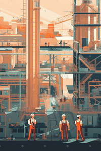 工厂插画图片_工人在工厂工作劳动节数字艺术