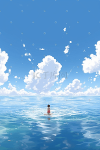 游泳大海插画图片_夏天夏季唯美卡通插画人物游泳大海