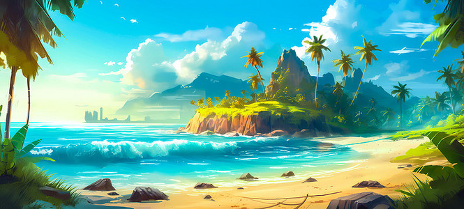 夏季海滩插画图片_卡通插图夏威夷海滩风景插图