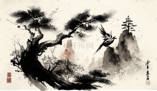 中国传统水墨画晨露松树高山鸟