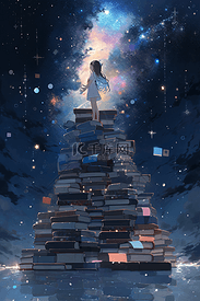 女孩站在书本上仰望星空
